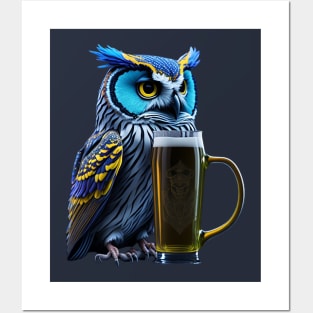 Owl with a beer mug Posters and Art